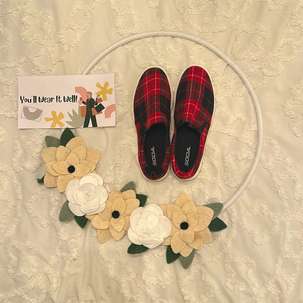Black and red plaid SOTA loafers. Barely worn. Size 8.